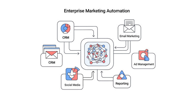 Enterprise Marketing Automation Workflow Diagram showing CRM Integration, Email Marketing, Social Media, Ad Management, and Reporting