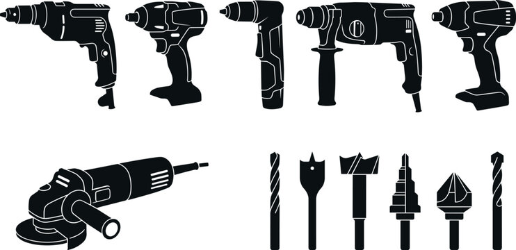Professional Electric Power Tool Silhouette Vector Set with Cordless Drills Rotary Hammer Angle Grinder and Drill Bits for Construction Carpentry Workshop Graphic Designs