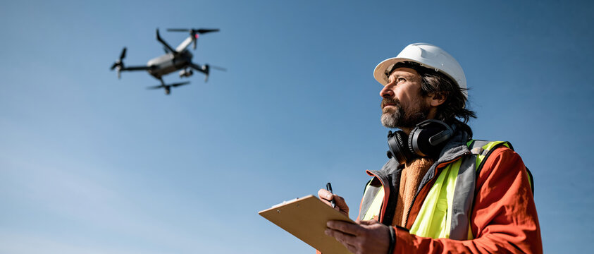 Drone pilot engineer survey inspection construction safety helmet clipboard outdoor professional drone pilot engineer survey inspection construction site clear blue sky, wearing safety helmet