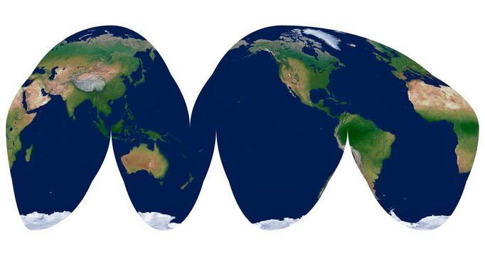 World Map. Goode interrupted homolosine projection. Animated longitude rotation. Detailed physical map of Earth.