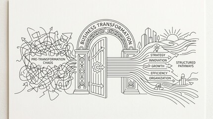 Obraz premium Business transformation concept illustration, pre-transformation chaos to structured pathways, corporate strategy and innovation metaphor