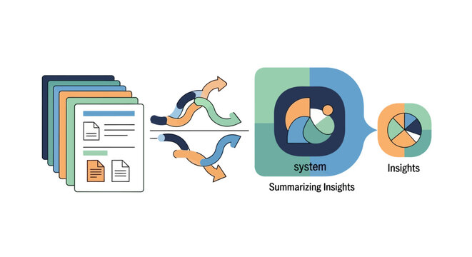 Data Summarization and Analysis Concept Illustration with Automated Document Processing, Machine Learning Insights, and Business Intelligence System