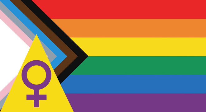 Vibrant Progress Pride flag illustration, symbolizing diversity, inclusion, and the expansive LGBTQ+ community, featuring a multi-layered chevron and a distinct female symbol