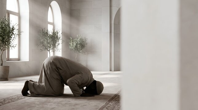 Muslim man performs prostration (Sujud) during prayer in a serene mosque interior