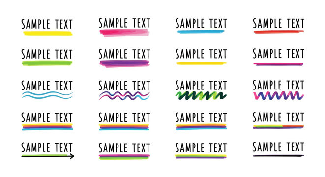 Hand drawn colorful highlighter brush strokes, set of 20 marker underline vector elements, vibrant felt tip pen scribbles for text emphasis