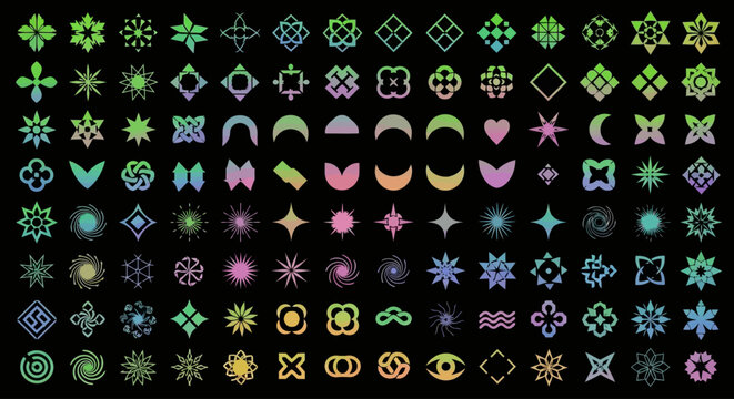 Abstract geometric shapes collection, 112 colorful vector icons set, minimalist y2k aesthetic symbols, modern graphic design elements on black background