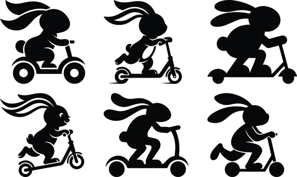 A bunny riding a scooter with ears flowing backward in motion bundle silhouette icon vector art illustration