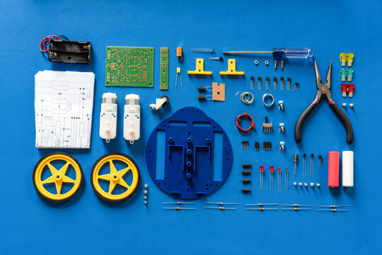 DIY robot kit components arranged neatly.