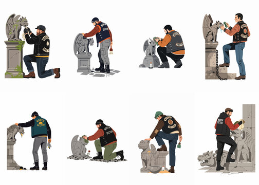 Set of illustrations featuring biker club members cleaning and restoring various stone gargoyle statues as community service.