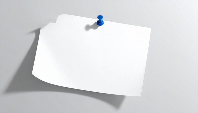 Blank white note paper attached with blue push pin on light background. Reminder, message and office communication concept.