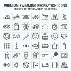 Premium Swimming and Recreation Simple Line Art Icons Collection, Extensive Aquatic Sports Graphics, Isolated White Background © noxy
