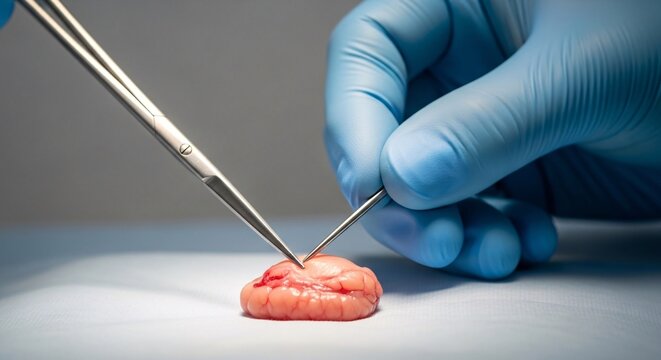 Close-up of a scientist wearing blue gloves carefully handling a small biological tissue sample with precision tools in a laboratory setting for medical research or testing purposes