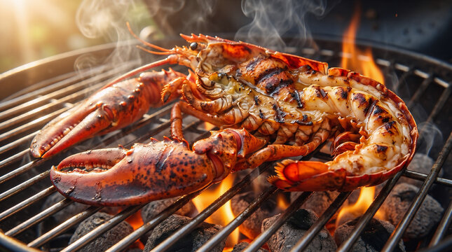 Whole lobster grilled over open flames on barbecue with smoky aroma and golden shell, premium seafood BBQ cookout centerpiece for 4th of July celebration and festive summer gathering