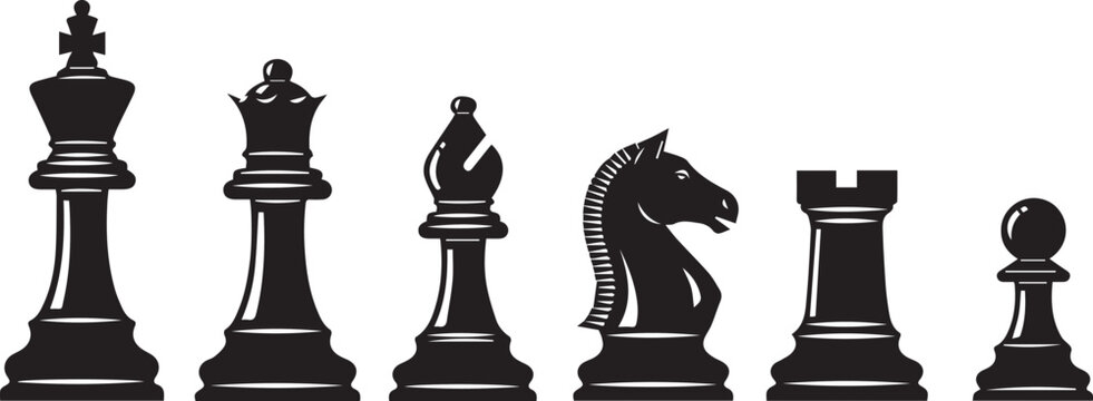 Set of black chess pieces including king queen bishop knight rook pawn.