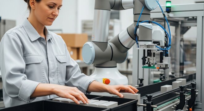 Packaging operator manufacturer and collaborative robot working side by side on production line showing human machine balance, repetitive task support and efficient factory workflow.