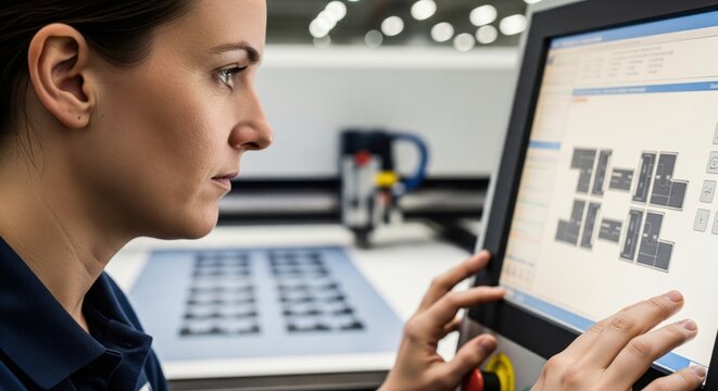 Operator monitoring low-waste precision cutting process shows sustainable manufacturing, material efficiency and lean industrial production strategy in factory setting.