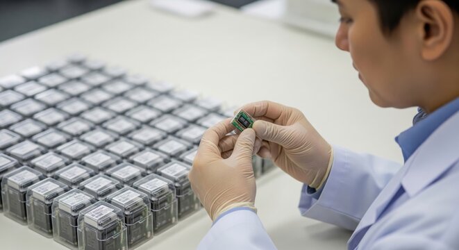 Batch approval scene with sample review and organized finished lot illustrates manufacturing compliance, regulated quality workflow and reliable production oversight.