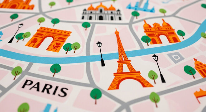 Colorful illustration of Paris city map with Eiffel Tower and famous landmarks on white background