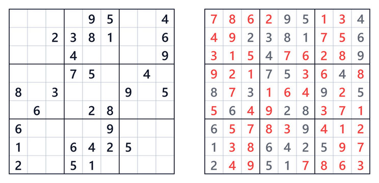 Classic Sudoku puzzle with answers displayed, featuring a medium difficulty grid on the left and completed solution on the right, showcasing numbers in black and red