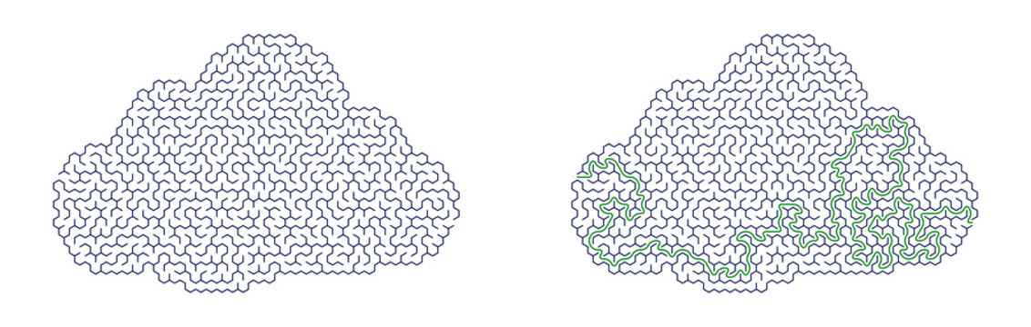 Cloud-shaped maze puzzle illustration featuring a visible solution path, designed with intricate lines and curves, suitable for educational or recreational use