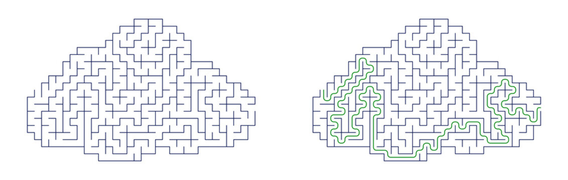 Cloud-shaped maze puzzle illustration featuring a solution path highlighted in green, showcasing intricate pathways and a whimsical design suitable for educational or recreational use