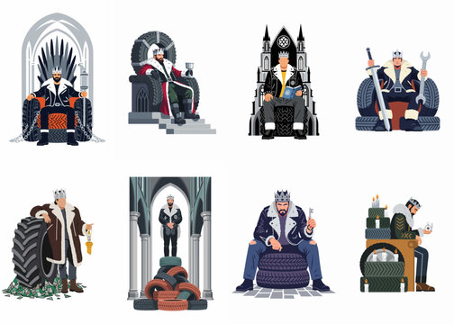 Collection of illustrations featuring a modern king character on thrones made of tires, blending royalty with industrial and automotive themes.
