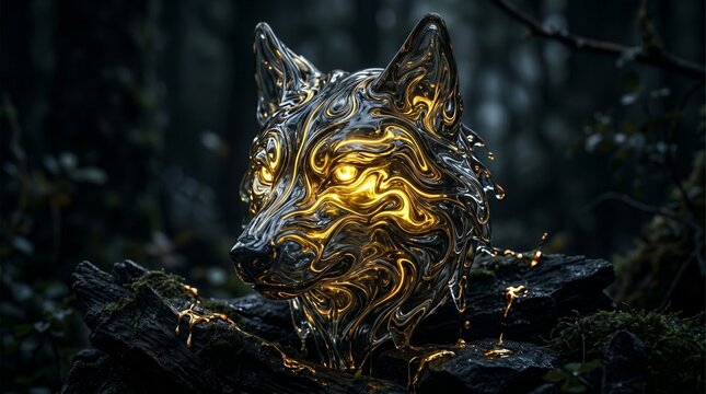 Macro Geometric Dark Liquid Glass Wolf with Glowing Gold Core 