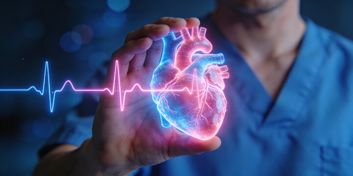 Professional doctor holding glowing anatomical heart model with ecg heart rhythm.
