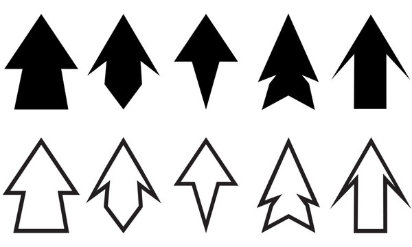 10 arrow sign patterns in icon and outline form, flat isolated on white background, vector