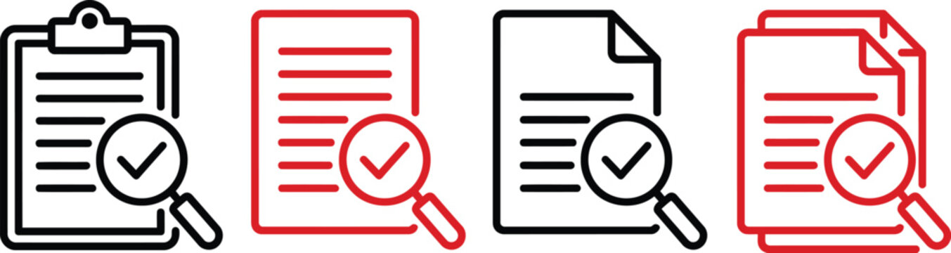 icons of checklist documents with magnifying glass for business or management