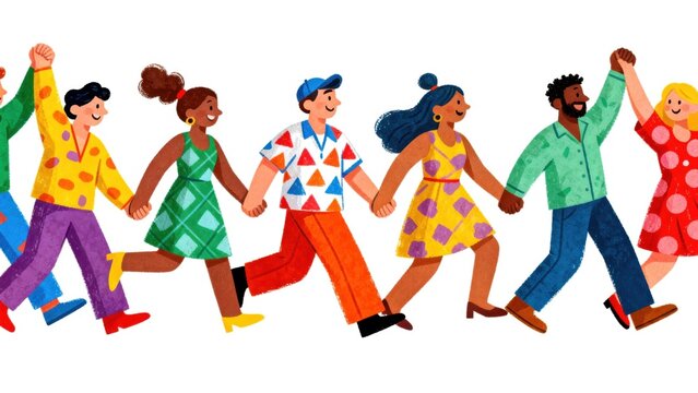 diverse people holding hands walking