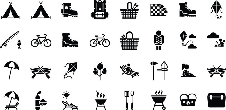 Outdoor camping and picnic icons set with tent bicycle hiking boots grilling equipment leisure gear.