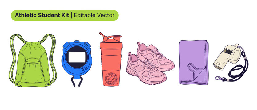 Fitness equipment sports gear set including drawstring backpack, stopwatch, water shaker bottle, running shoes, microfiber towel, and referee whistle. Isolated active lifestyle design concept.