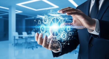 Fototapeta premium Business professional holding futuristic digital globe with network connections and data icons