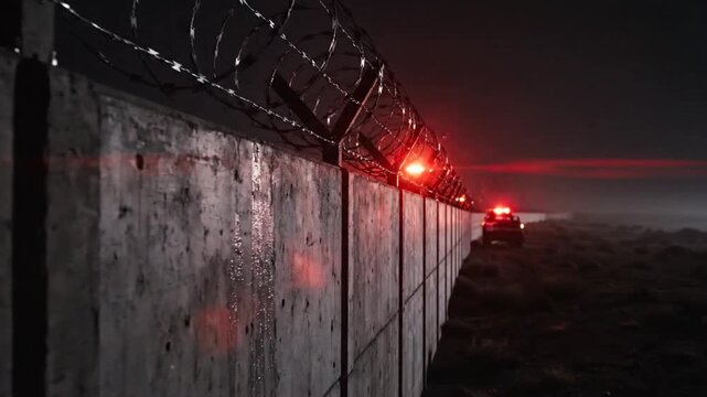 Border wall with barbed wire stands as a dark silhouette under a night sky while a security vehicle patrol light flashes in the distance, suggesting themes of restricted access and safety.