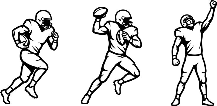American Football Player Black Silhouette Vector Graphic Set with Running Throwing and Touchdown Celebration Poses for Sports Team Apparels and Emblems