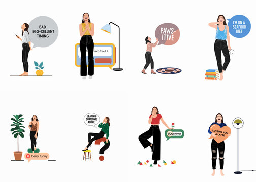 Collection of eight flat vector illustrations featuring a cheerful woman with various humorous puns and wordplay in speech bubbles.