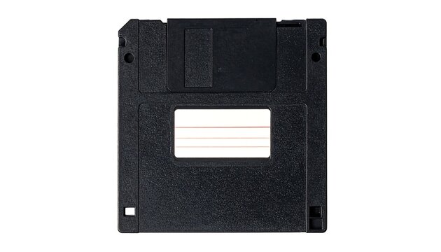 A black plastic computer diskette with a white label and red lines