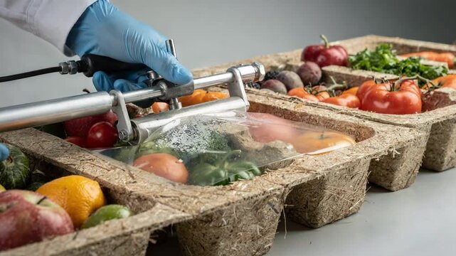 Medium shot of a biodegradable cellulose coating being applied to fresh produce packaging highlighting sustainable zeroplastic fiber barrier innovation in foodgrade materials