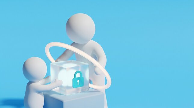 3D characters protecting a digital data cube with a padlock icon, online security and child safety concept, minimalist render on blue background