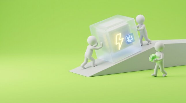 3D characters working together to push an energy cube up a ramp, representing renewable power, teamwork, and innovation in green technology, minimalist style on a green background.