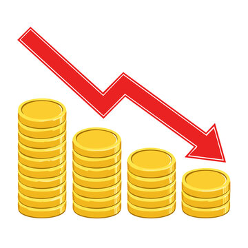 Falling coin stacks with red down arrow