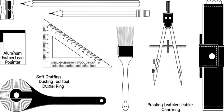 Architecture and Engineering Technical Drawing Vector Icon Set with Drafting Compass Triangle Ruler Pencil Sharpener and Dusting Brush for Construction Project Planning
