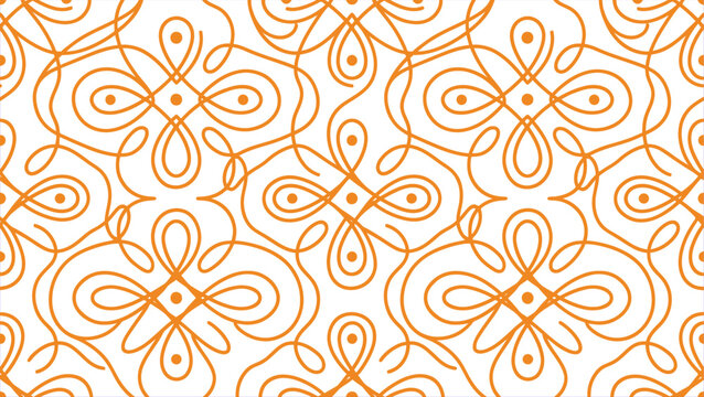 An elegant orange floral pattern design with swirling lines and decorative motifs on a white background, perfect for textile or wallpaper