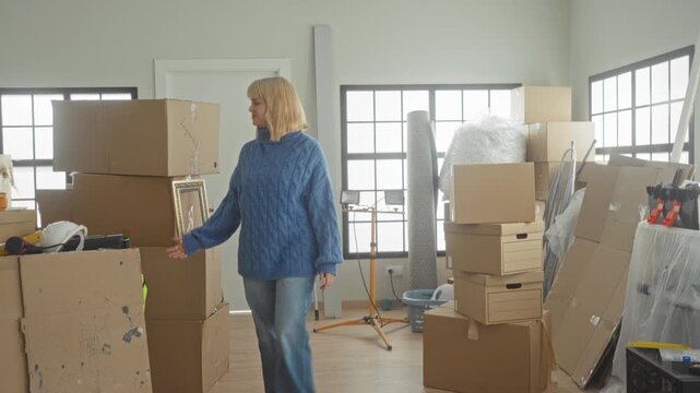 Woman with moving boxes resting hand on box in a cluttered apartment building interior; anticipation fresh start.