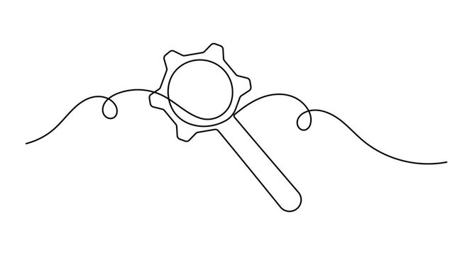 Modern magnifier and gears icon continuous one line art single drawing on white background minimal technology settings symbol 4k animation video