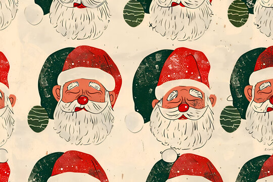Vintage santa claus pattern with christmas ornaments and snowflakes