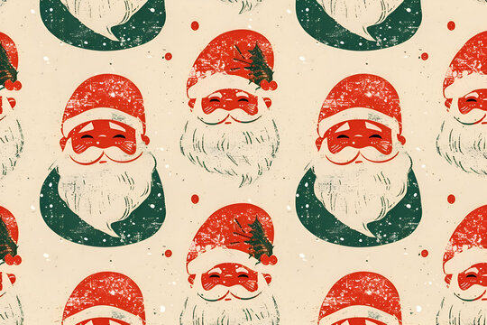 Vintage santa claus pattern with red hats and green accents