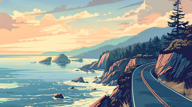 Scenic coastal highway at sunset with rocky cliffs and pine trees