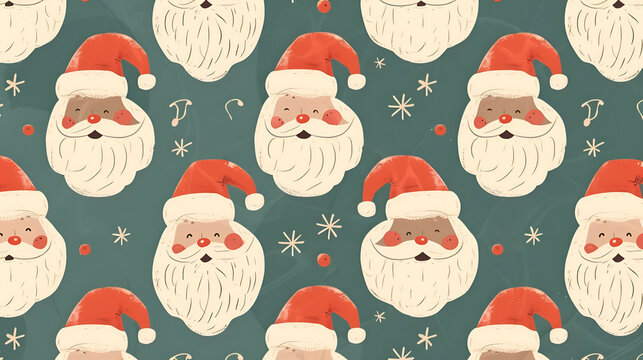 Festive santa claus pattern featuring diverse faces and red hats on green background